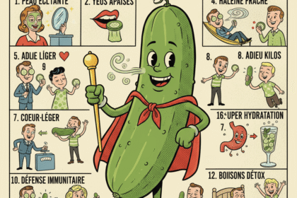 une illustration humoristique des "13 vertus du concombre", dans le style des années 50.Astuces beauté, santé, astuces pratiques .1000astuces.fr