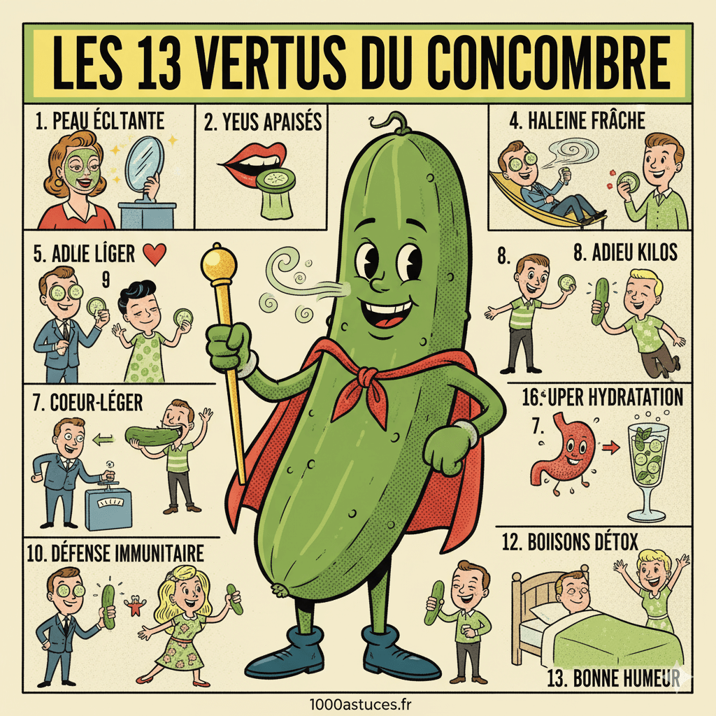 une illustration humoristique des "13 vertus du concombre", dans le style des années 50.Astuces beauté, santé, astuces pratiques .1000astuces.fr