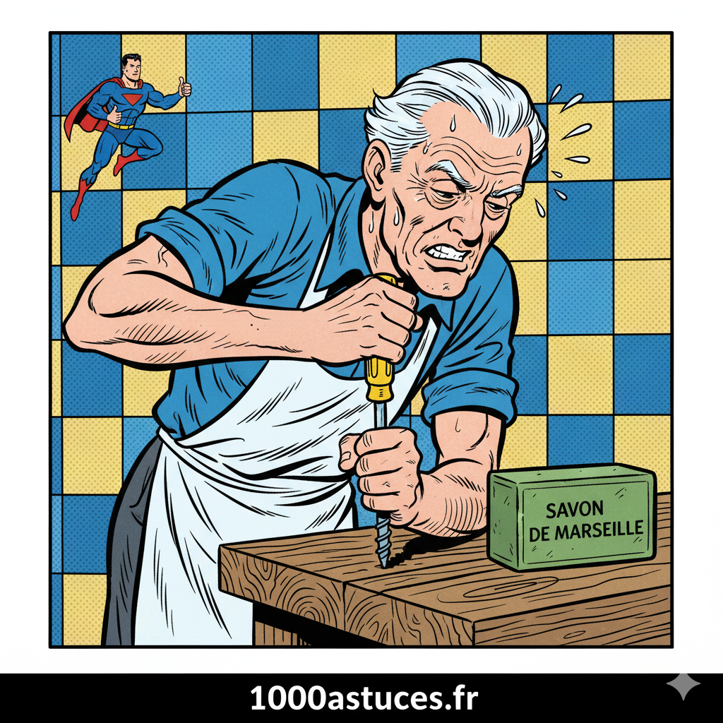 un vieil homme souffre en voulant visser . Astuces contre les vis recalcitrante avec du savon de Marseille . 1000astuces.fr
