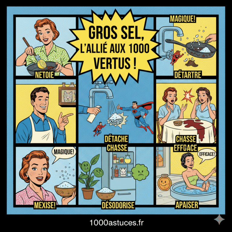 Le sel est un produit miracle pour nettoyer, désodoriser, détacher et même jardiner. Découvrez 20 usages étonnants et ultra-pratiques à connaître absolument. La liste complète est sur 1000astuces.fr. #sel #astucesmaison #nettoyage #produitsnaturels #ménage #DIY