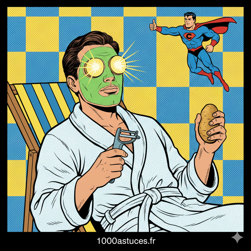 un homme applique des rondelles de pomme de terre sur les yeux . Astuces anti-cernes naturelle . 1000astuces.fr