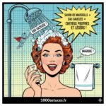 une jeune femme prend une douche et veut avoir les cheveux legers. Astuces avec eau gazeuse pour les cheveux . 1000astuces.fr