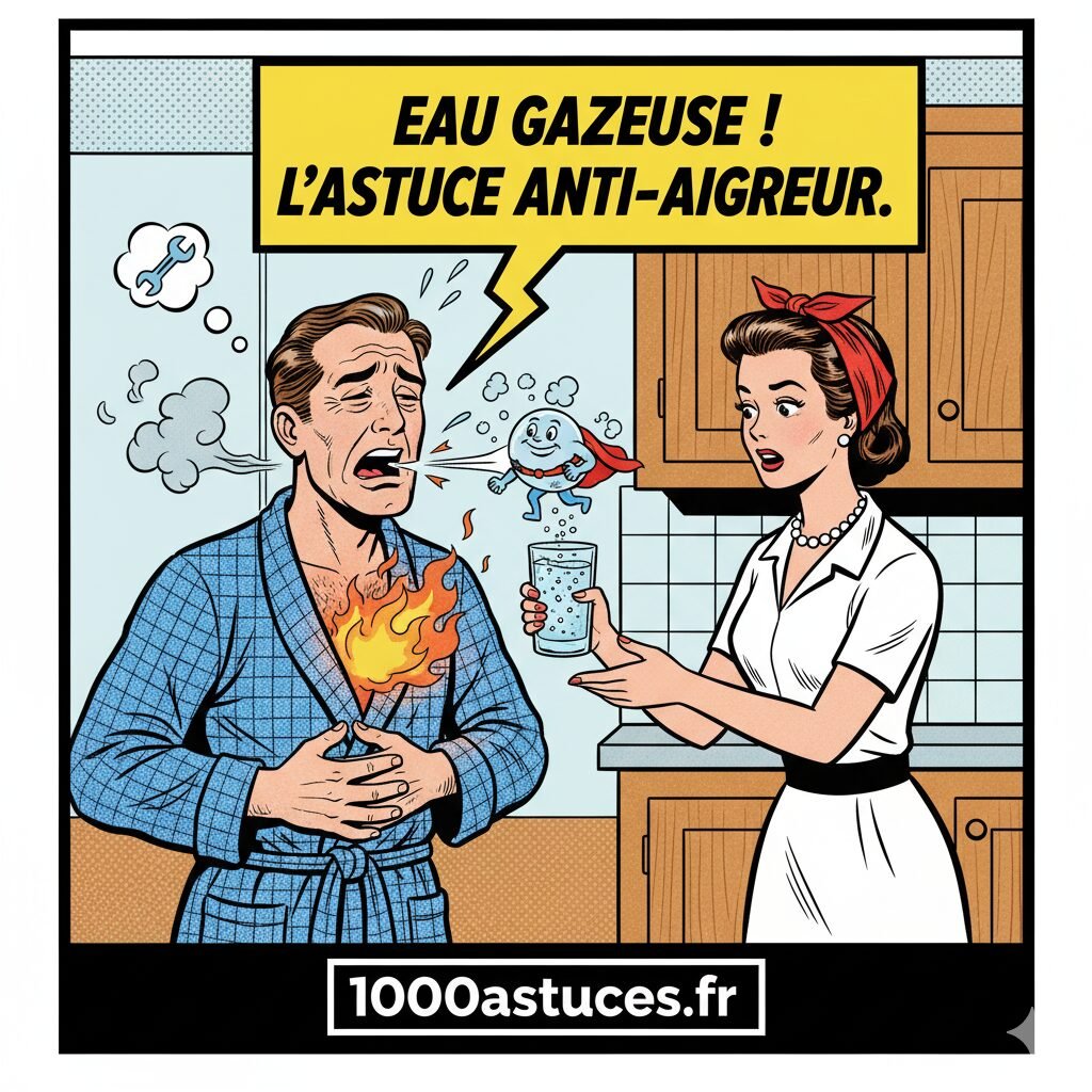 Une femme soulage son mari qui a des aigreurs d'estomac . Astuce pour dissiper les aigreurs d'estomac avec de l'eau gazeuse . 1000astuces.fr