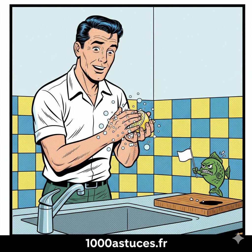 un homme se frotte les mains avec du citron pour enlever mauvaise odeur . astuces naturelles pour retirer les mauvaises odeurs sur les mains . 1000astuces.fr