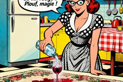 Une femme nettoie son tapis .Astuce enlever une tache de vin avec de l'eau gazeuse.1000astuces.fr