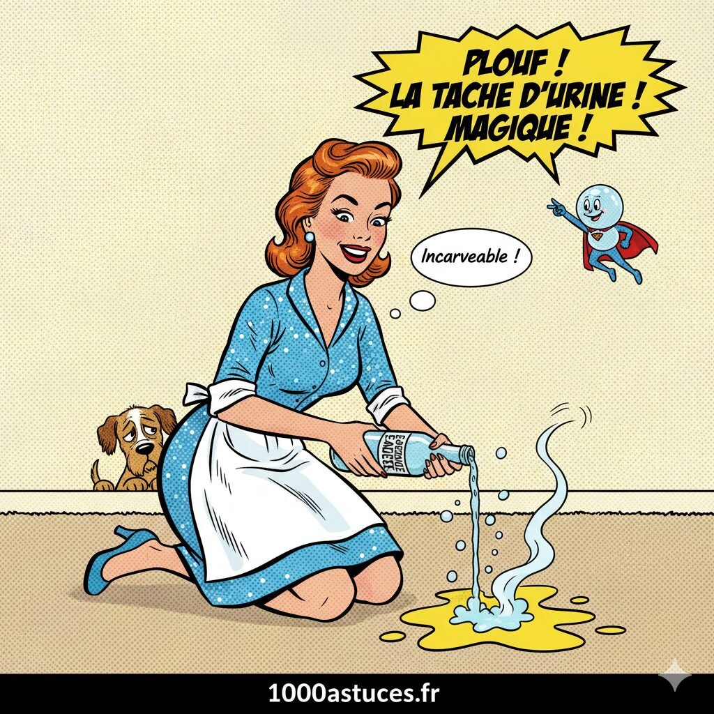 une jeune femme nettoie une tache d'urine . Astuce pour enlever une tache d'urine avec de l'au gazeuse . 1000astuces.fr