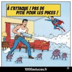 Illustration humour. un homme fait la chasse aux puces . Astuces pour faire fuir les pues naturellement . 1000astuces.fr