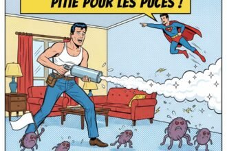 Illustration humour. un homme fait la chasse aux puces . Astuces pour faire fuir les pues naturellement . 1000astuces.fr