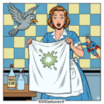 une femme montre un textile avec une fiente d'oiseau . Astuces naturelles pur l'enlever .1000astuces.fr