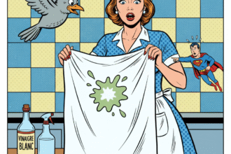 une femme montre un textile avec une fiente d'oiseau . Astuces naturelles pur l'enlever .1000astuces.fr