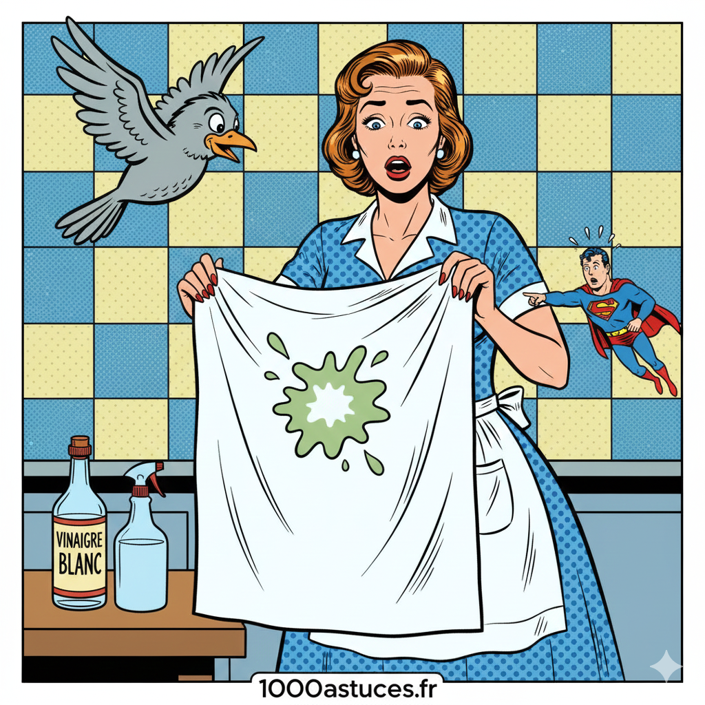 une femme montre un textile avec une fiente d'oiseau . Astuces naturelles pur l'enlever .1000astuces.fr