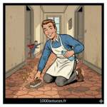 un homme agenouillé nettoie les tomettes du couloir. Astuces naturelles pour rendre leur éclat aux tomettes. 1000astuces.fr