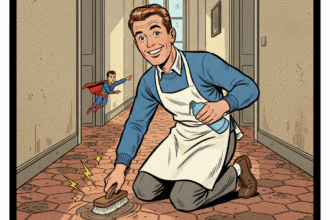 un homme agenouillé nettoie les tomettes du couloir. Astuces naturelles pour rendre leur éclat aux tomettes. 1000astuces.fr
