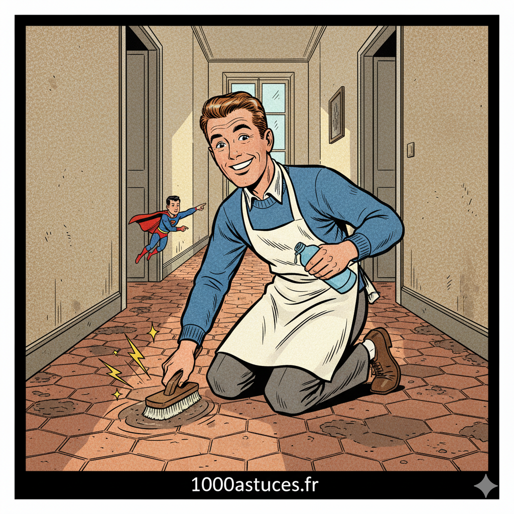 un homme agenouillé nettoie les tomettes du couloir. Astuces naturelles pour rendre leur éclat aux tomettes. 1000astuces.fr