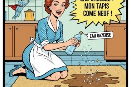 Une jeune femme ravie devant son tapis .Astuces pour raviver un tapis avec de l'eau gazeuse.1000astuces.fr