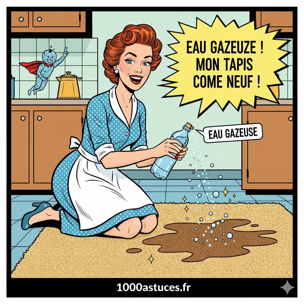 Une jeune femme ravie devant son tapis .Astuces pour raviver un tapis avec de l'eau gazeuse.1000astuces.fr