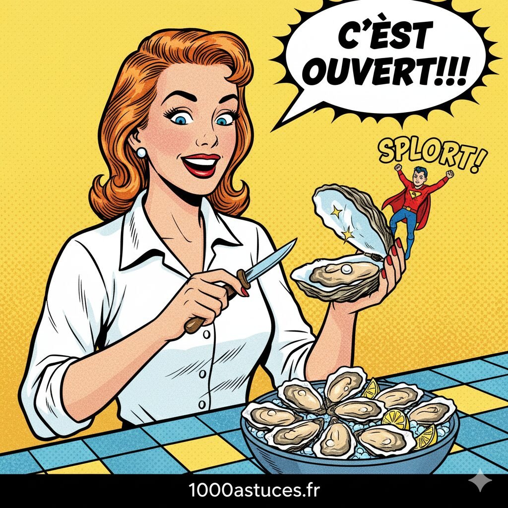une jeune femme ouvre des huitres . Astuce pour ouvrir les huitres facilmeent .1000astuces.fr