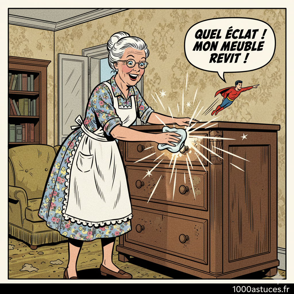 une vieille femme ravive un meuble sale . Astuces naturelles pour raviver un meuble sale . 1000astuces.fr