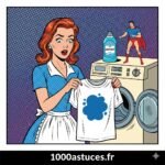 une jeune femme constate une tache d'assouplissant . Astuces pour enlever une tache d'assouplissant . 1000astuces.fr