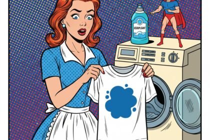 une jeune femme constate une tache d'assouplissant . Astuces pour enlever une tache d'assouplissant . 1000astuces.fr