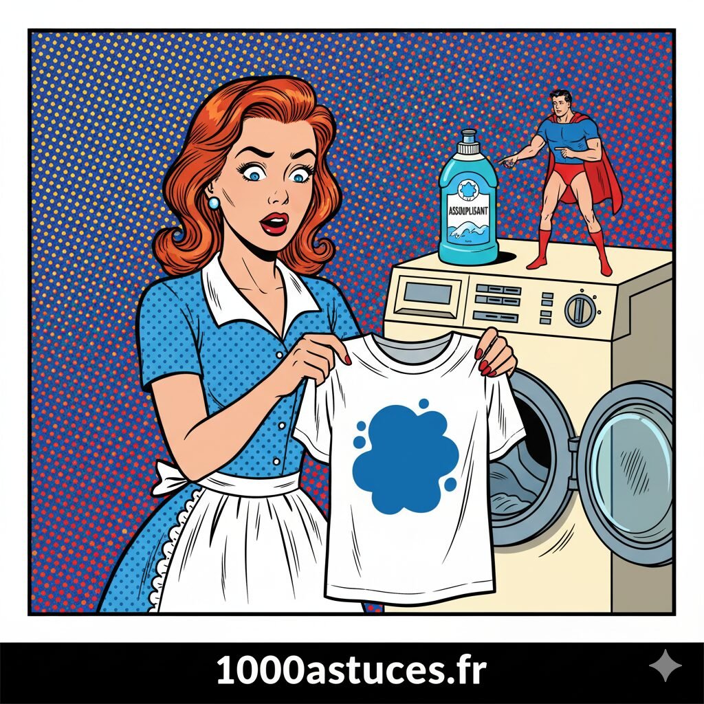une jeune femme constate une tache d'assouplissant . Astuces pour enlever une tache d'assouplissant . 1000astuces.fr