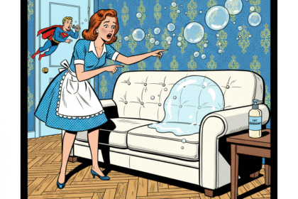 Une femme constate des bulles de savon sur son sofa en cuir. Astuces pour enler les tache de bulle de savon sans abîmer le cuir. 1000astuces.fr
