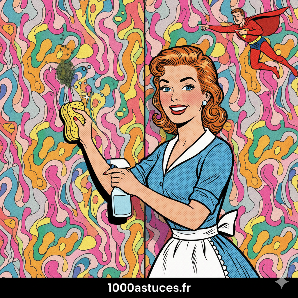 une jeune femme nettoie dune tache de moisi sur papier peint . Methoe naturelle pour enlever le moisi . 1000astuces.fr