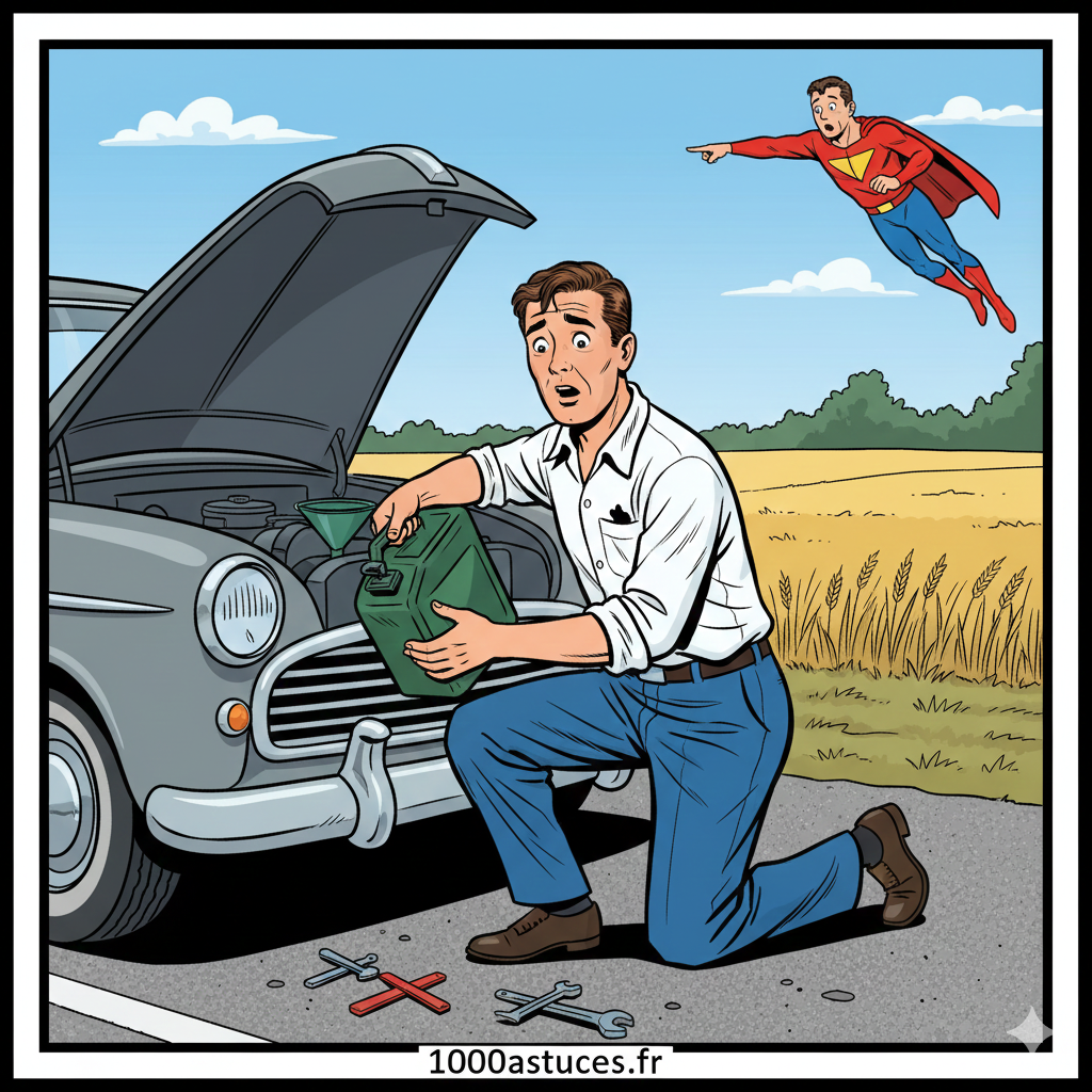 un homme en panne d'essence se tache la chemise. Astuces naturelles pour enlever une tache d'essence. 1000astuces.fr