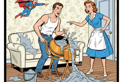 un homme a une betoniere dans le salon et fait des taches de ciment partout . astuces pour enlever les taches de ciment . 1000astuces.fr