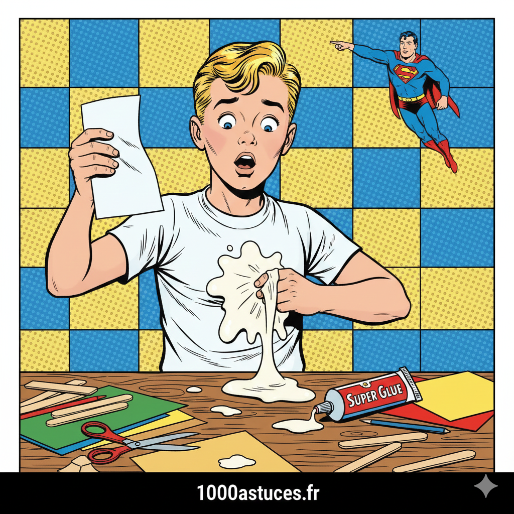 un enfant qui bricole se tache avec de la colle . astuces pour enlever une tache de colle selon le type .1000astuces.fr