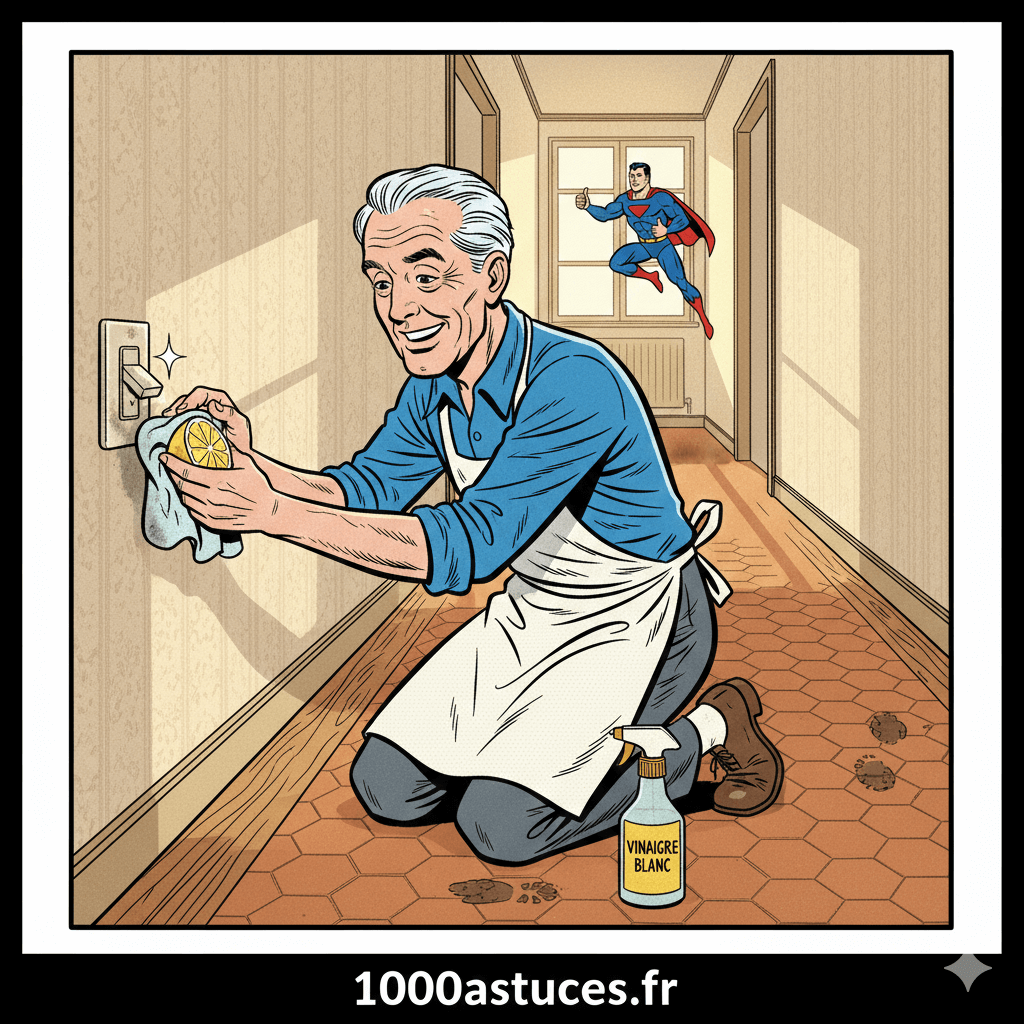 Un vieil homme nettoie un interrupteur.Astuces naturelles pour nettoyer prises et interrupteurs.1000astuces.fr