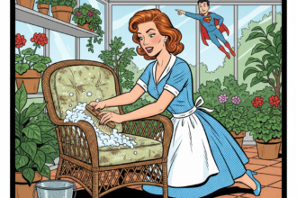 une femme nettoie un fauteuil en rotin dans une véranda . Astuces pour nettoyer et entretenir le rotin, osier, bambou. 1000astuces.fr