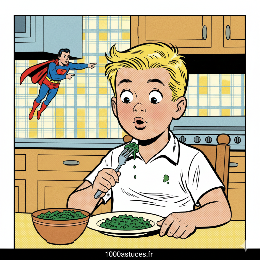 un enfant mange des epinards et se tache la chemise . Astuces pour enlever une tache d'épinards. 1000astuces.fr