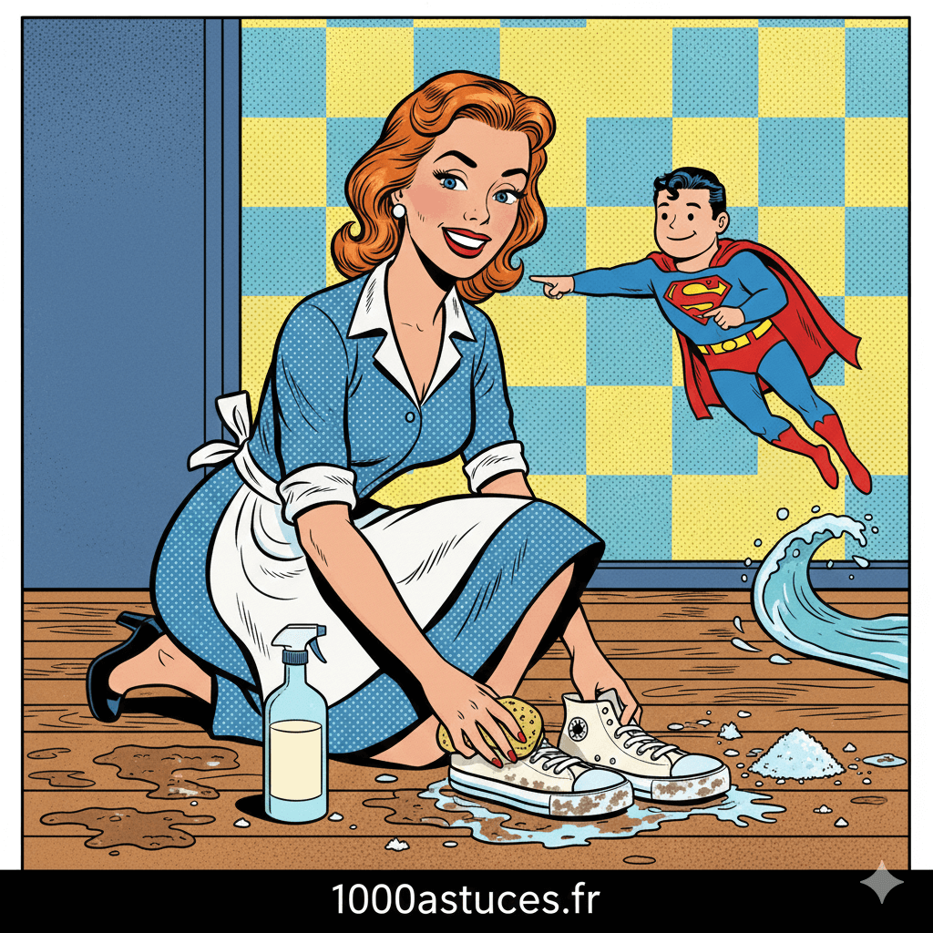 une jeune femme enleve des tches d'eau de mer sur des baskets . Astuces pour enlever les taches de calcaire, eau de mer . 1000astuces .fr