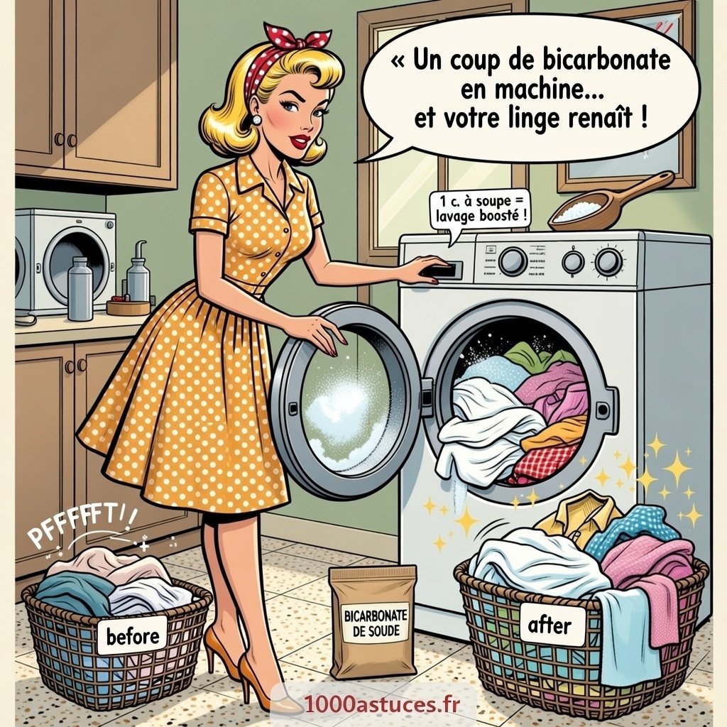 Femme rétro ajoutant du bicarbonate dans une machine à laver, linge terne transformé en vêtements éclatants après lavage naturel