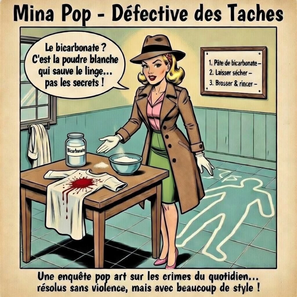 Illustration pop art de Mina Pop en détective, debout près d’une chemise blanche tachée de rouge posée sur une table. Elle tient un bol de poudre blanche et un pot de bicarbonate, dans une ambiance de scène de crime ménagère. Décor rétro, humour visuel, style BD sixties.