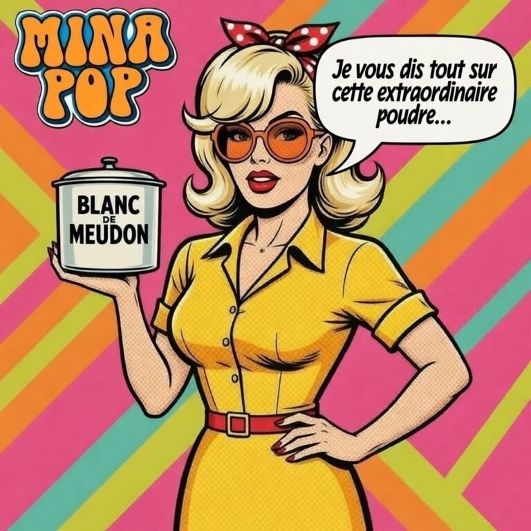 Illustration rétro de Mina Pop vantant les bienfaits du Blanc de Meudon, poudre écologique pour le ménage