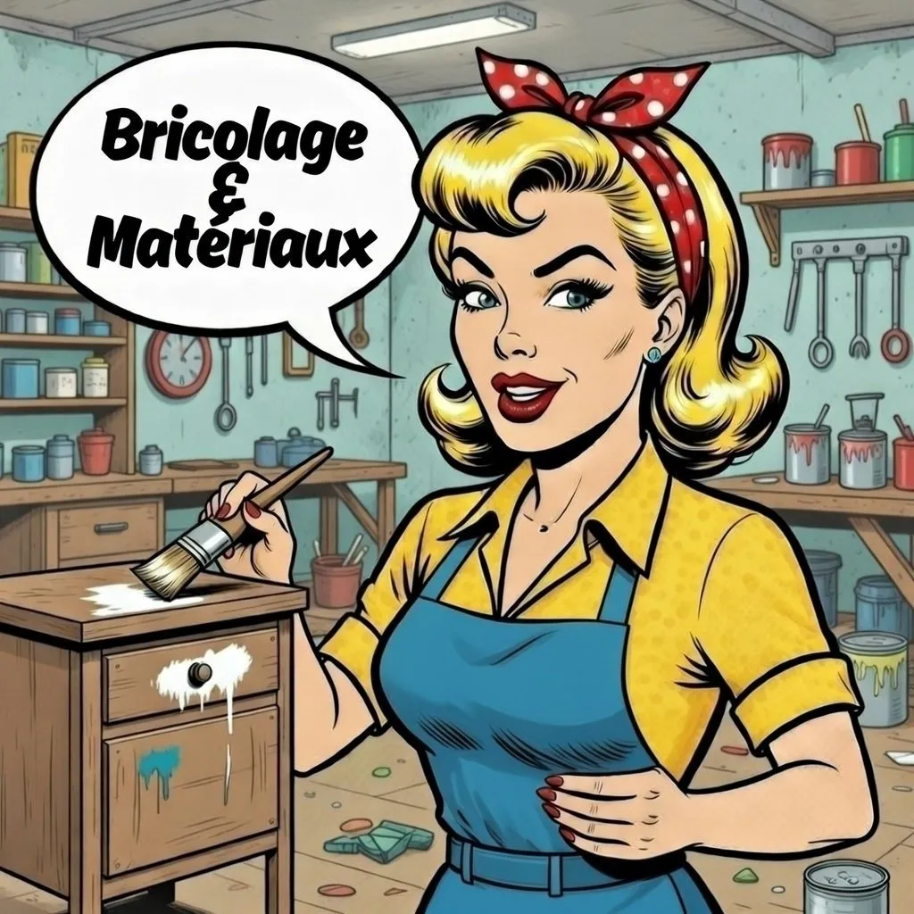 Mina Pop dans son atelier . Elle peint un petit meuble .Illustration pop art