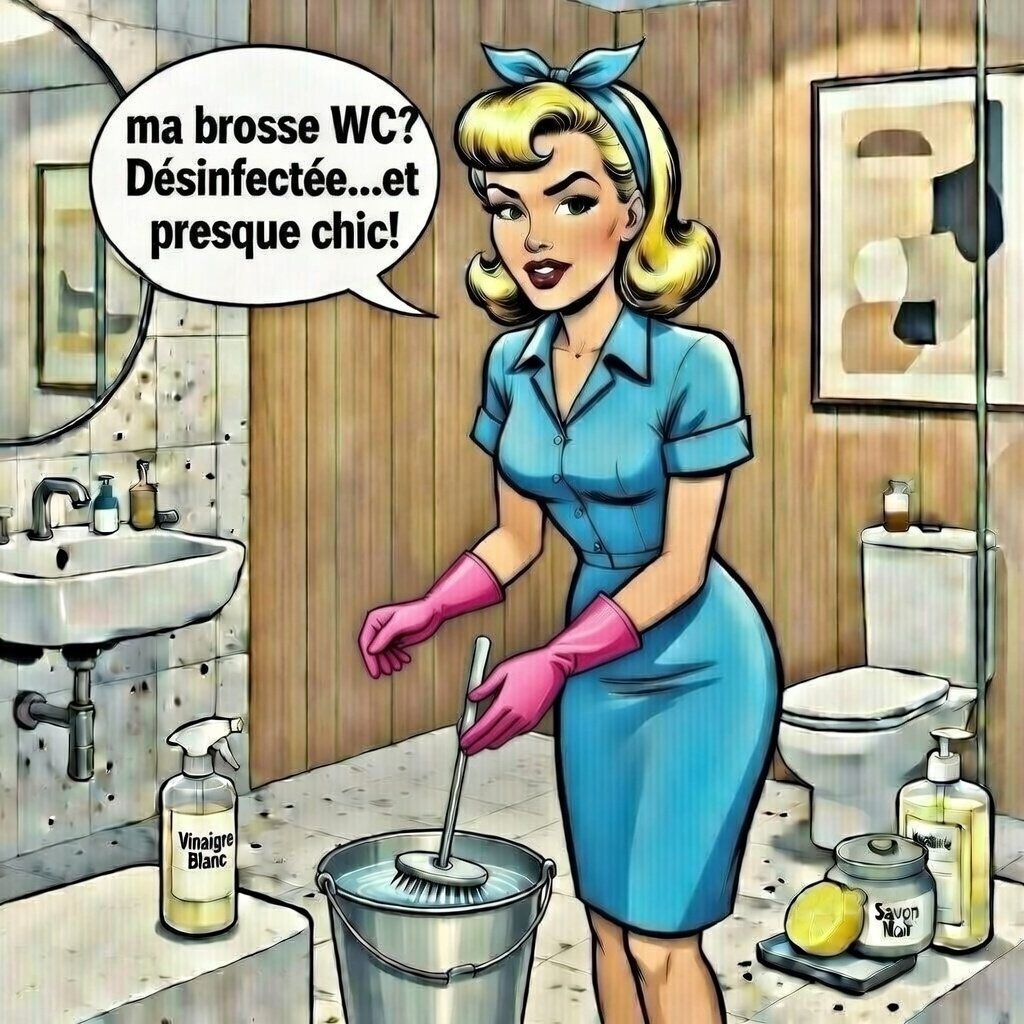 Mina nettoie et désinfecte la brosse WC avec des produits naturels