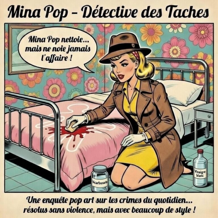 Illustration pop art de Mina Pop en détective, agenouillée près d’un lit rose taché de rouge. Elle nettoie la couette avec une éponge, entourée de produits naturels comme le bicarbonate et le vinaigre blanc. Ambiance rétro sixties, décor fleuri, style BD humoristique.