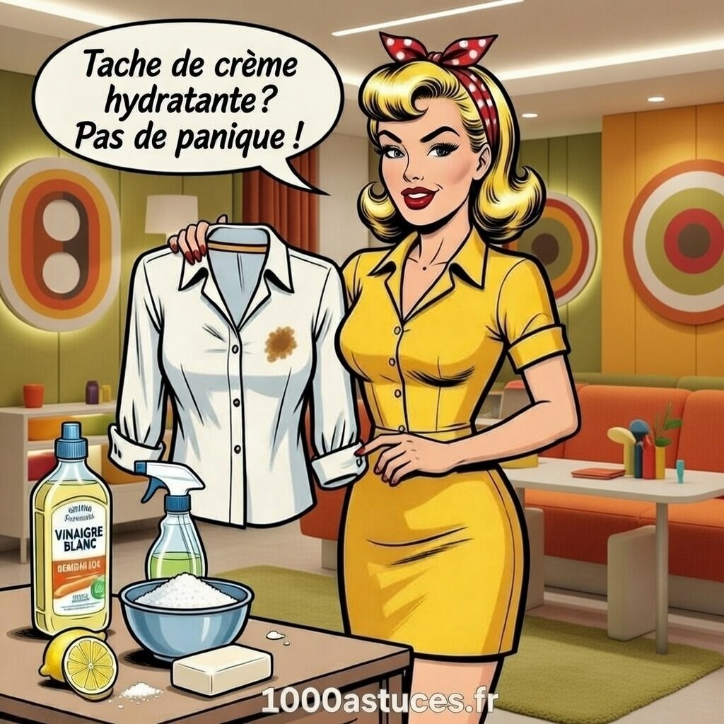 Mina Pop montre une chemise avec une tache de crème hydratante et s'apprête à la nettoyer avec des produits naturels .