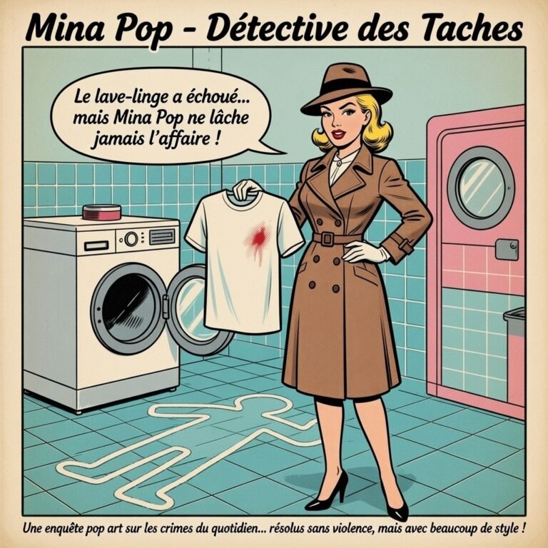 Illustration pop art style comics de "Mina Pop", détective des taches. Elle porte un trench-coat et un chapeau, et se tient devant une machine à laver blanche dans une buanderie carrelée de bleu. Elle tient sur un cintre une chemise blanche qui a toujours une tache rouge malgré le lavage. Une bulle dit : "Le lave-linge a échoué... mais Mina Pop ne lâche jamais l'affaire !". Une silhouette de scène de crime est au sol.