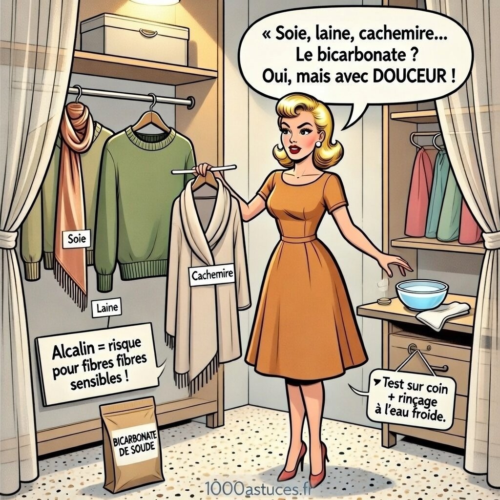 Femme rétro devant une penderie de textiles délicats (soie, laine, cachemire), bicarbonate utilisé avec précaution, astuce douce pour fibres sensibles