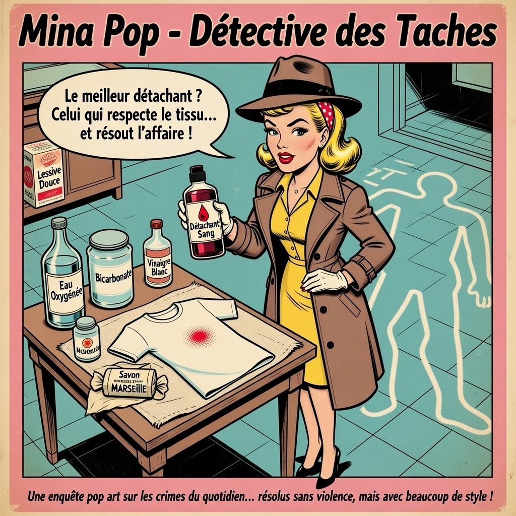 Illustration pop art de Mina Pop en détective, debout devant une table avec une chemise tachée de rouge et une panoplie de produits détachants : eau oxygénée, bicarbonate, vinaigre blanc, savon de Marseille. Elle tient une bouteille “Détachant Sang” et déclare que le meilleur détachant est celui qui respecte le tissu. Ambiance scène de crime textile, humour rétro et style BD.