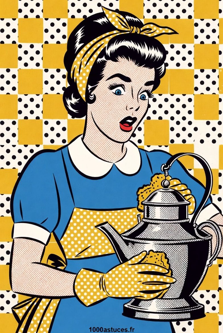 une jeune femme nettoie une bouilloire en fer blanc. illustration pop art