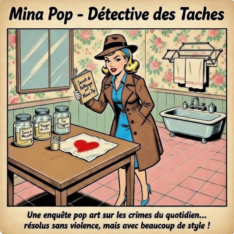 Illustration pop art de Mina Pop en détective rétro, dans une salle de bain fleurie, tenant un livre intitulé "Secrets de Nettoyage par Mamie Pop". Devant elle, une serviette tachée de rouge et des pots de savon de Marseille, vinaigre de cidre et eau oxygénée. Ambiance vintage, humour visuel et enquête ménagère stylée.