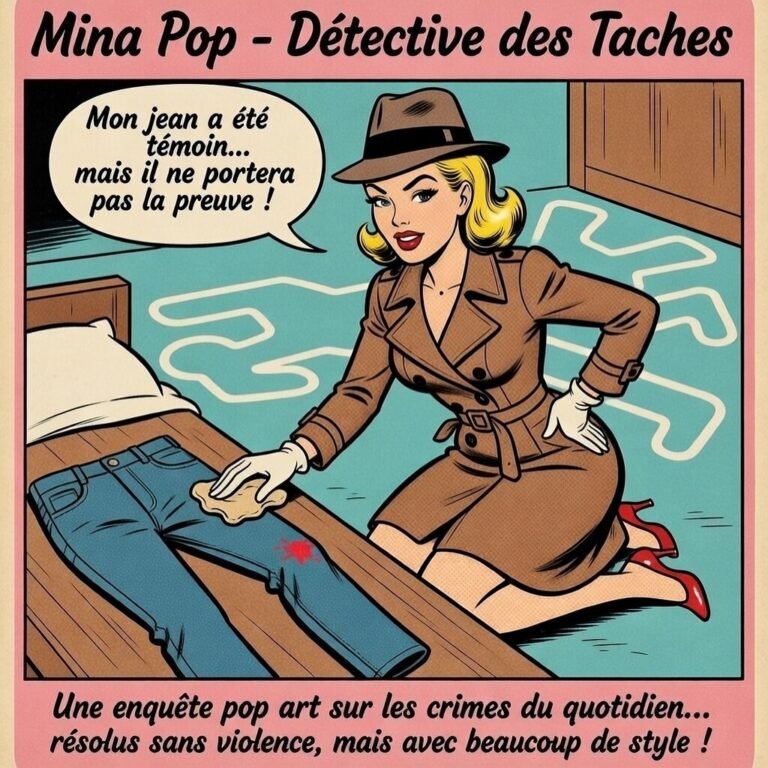 Illustration style pop art rétro de "Mina Pop", détective des taches. Agenouillée près d'un lit, elle frotte avec un chiffon beige une tache de sang rouge sur un jean bleu posé à plat. Elle porte un trench-coat et un chapeau marron. Une bulle indique : "Mon jean a été témoin... mais il ne portera pas la preuve !". Une silhouette de scène de crime est dessinée sur le sol.