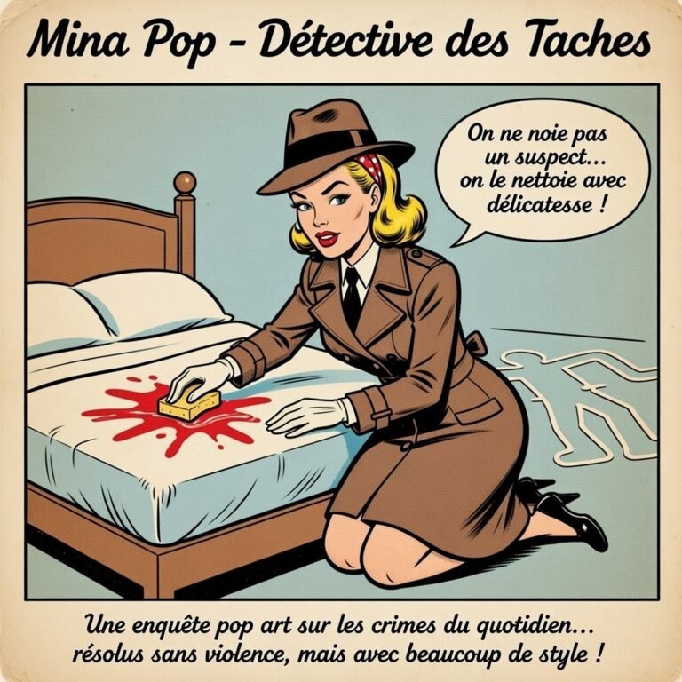 Illustration pop art vintage de "Mina Pop", détective des taches. Elle est agenouillée au pied d'un lit en bois et nettoie délicatement avec une éponge jaune une grande tache de sang rouge sur le matelas blanc. Elle porte un trench-coat marron et un chapeau. Une bulle dit : "On ne noie pas un suspect... on le nettoie avec délicatesse !". Une silhouette de scène de crime est dessinée sur le sol.