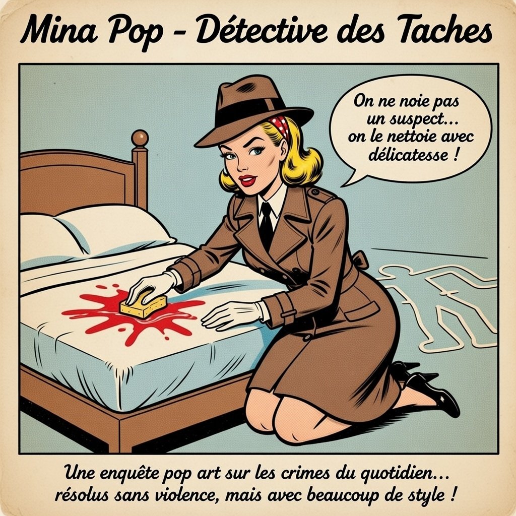 Illustration pop art vintage de "Mina Pop", détective des taches. Elle est agenouillée au pied d'un lit en bois et nettoie délicatement avec une éponge jaune une grande tache de sang rouge sur le matelas blanc. Elle porte un trench-coat marron et un chapeau. Une bulle dit : "On ne noie pas un suspect... on le nettoie avec délicatesse !". Une silhouette de scène de crime est dessinée sur le sol.