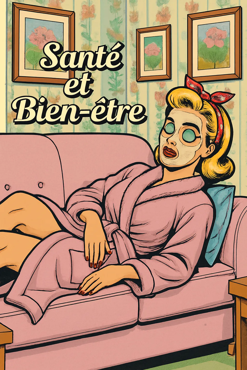 Mina Pop s'applique un masque de beauté et des rondelles de concombre sur les yeux . Illustration pop art